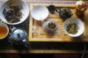 the small clay pot nearly filled the plate when emptied, neck deep in oolong...1/3rd into the new Chinese adventures with more green, oolong, red and post fermented teas to come...